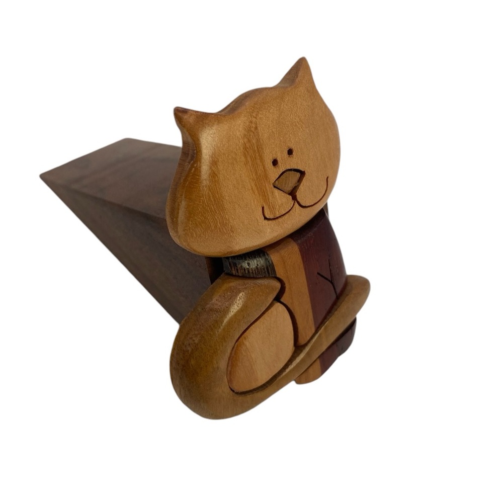 Hand-Crafted Adorable Wooden Cat Doorstopper Vintage